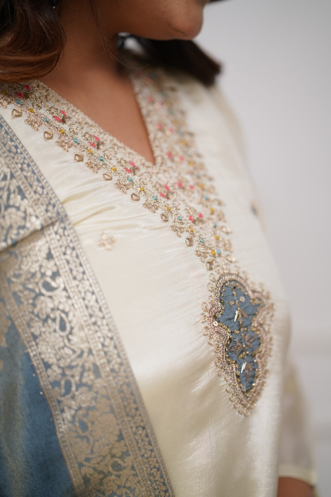 Women’s Off White Designer Chanderi Silk Kurta Set with Fine Embroidery