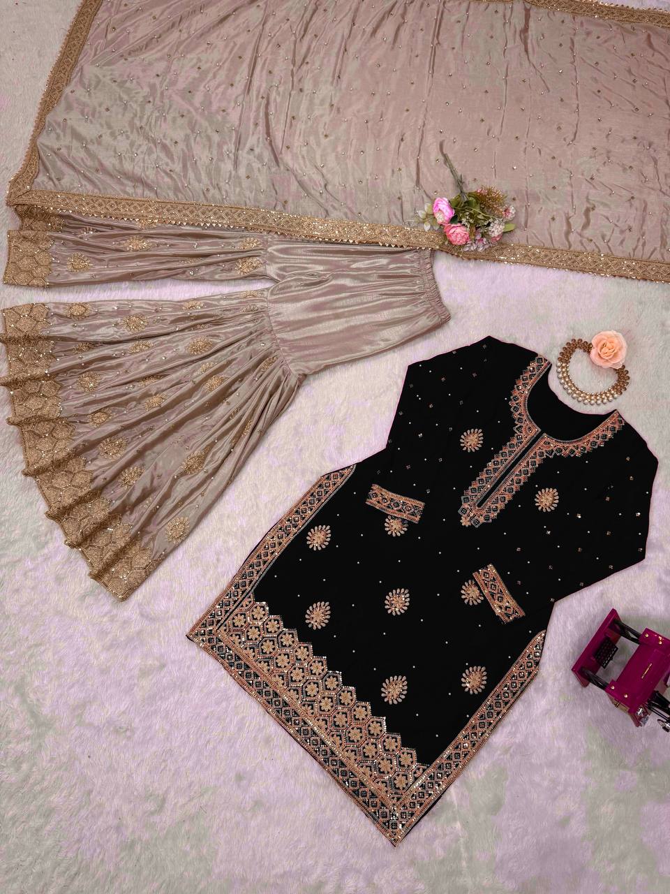 Black Chinnon Silk Embroidered Kurta Set With Sharara & Dupatta