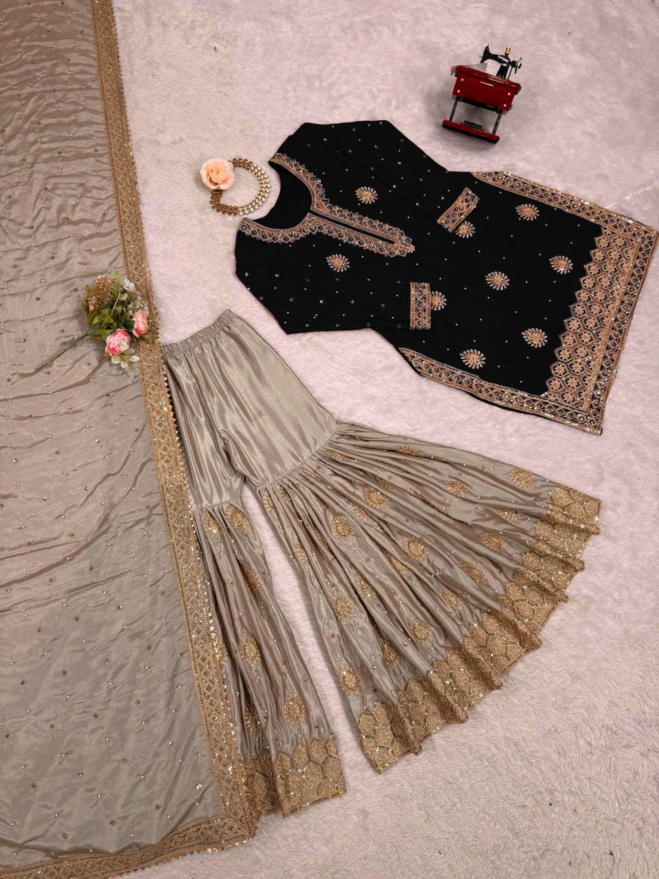 Black Chinnon Silk Embroidered Kurta Set With Sharara & Dupatta