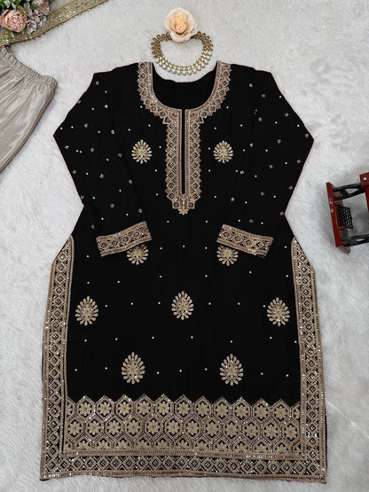 Black Chinnon Silk Embroidered Kurta Set With Sharara & Dupatta