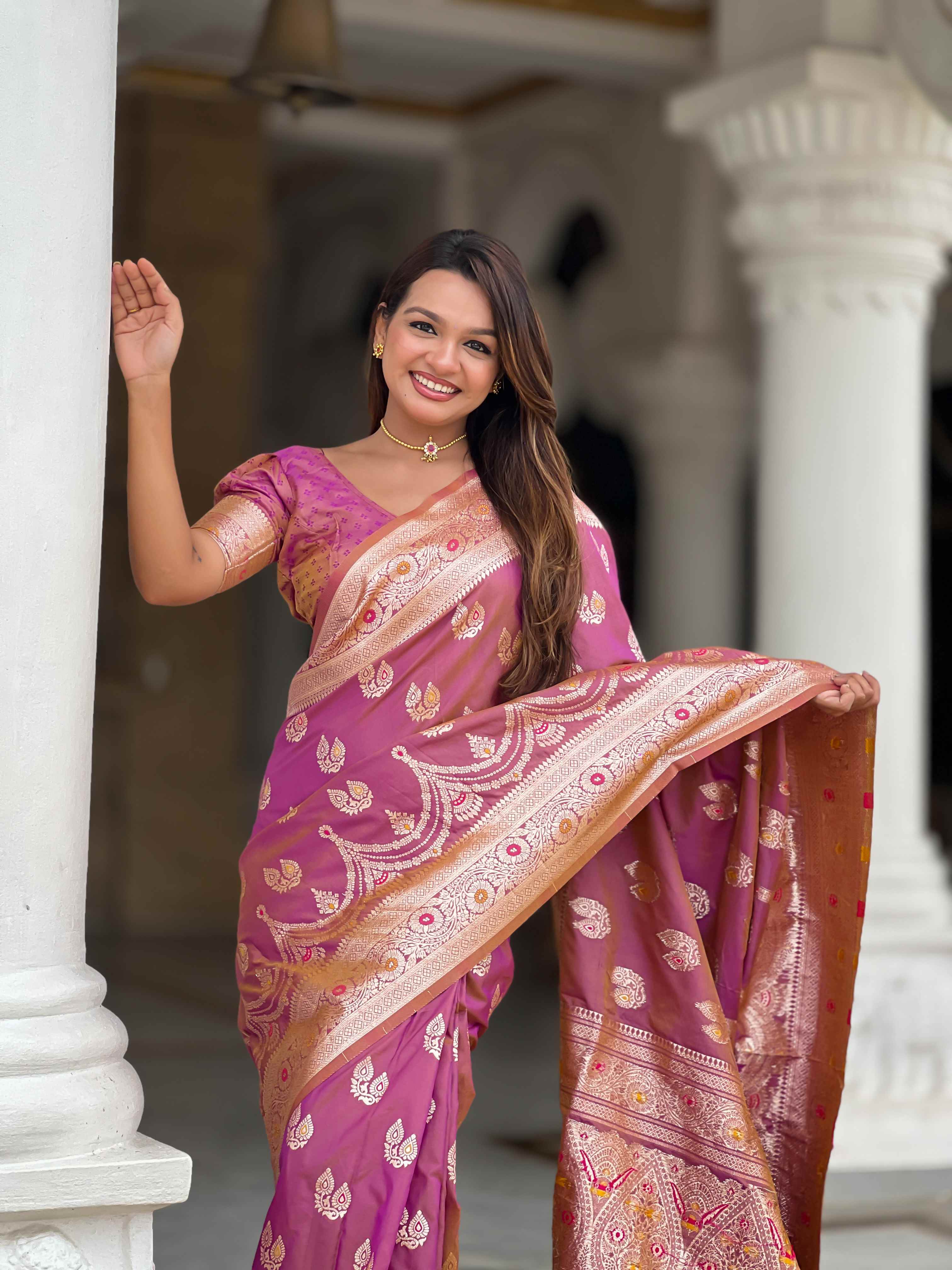 Peach Soft Banarasi Silk Saree with Meenakari Zari Weaving & Rich Pallu Design