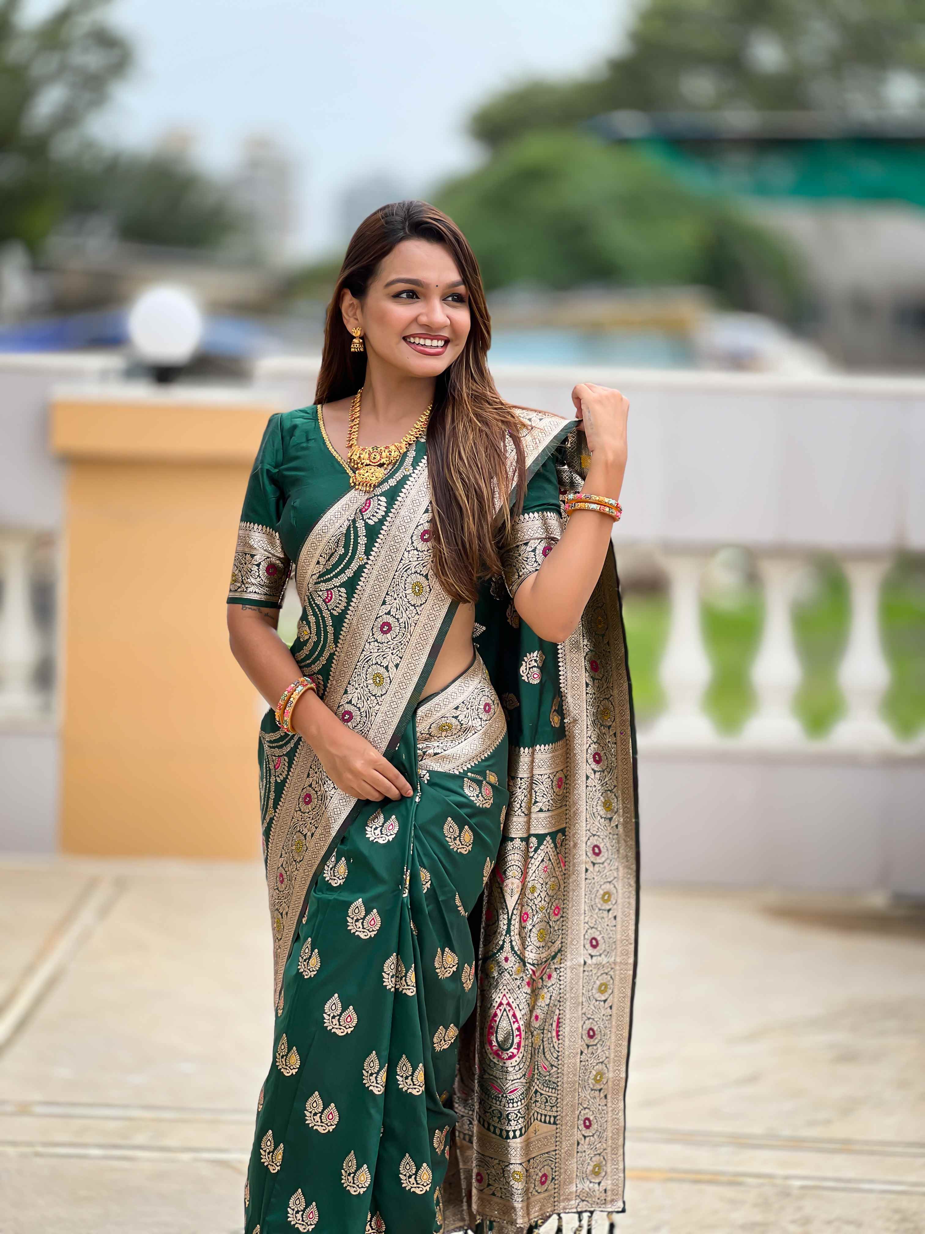 Green Soft Banarasi Silk Saree with Meenakari Zari Work & Rich Pallu Design