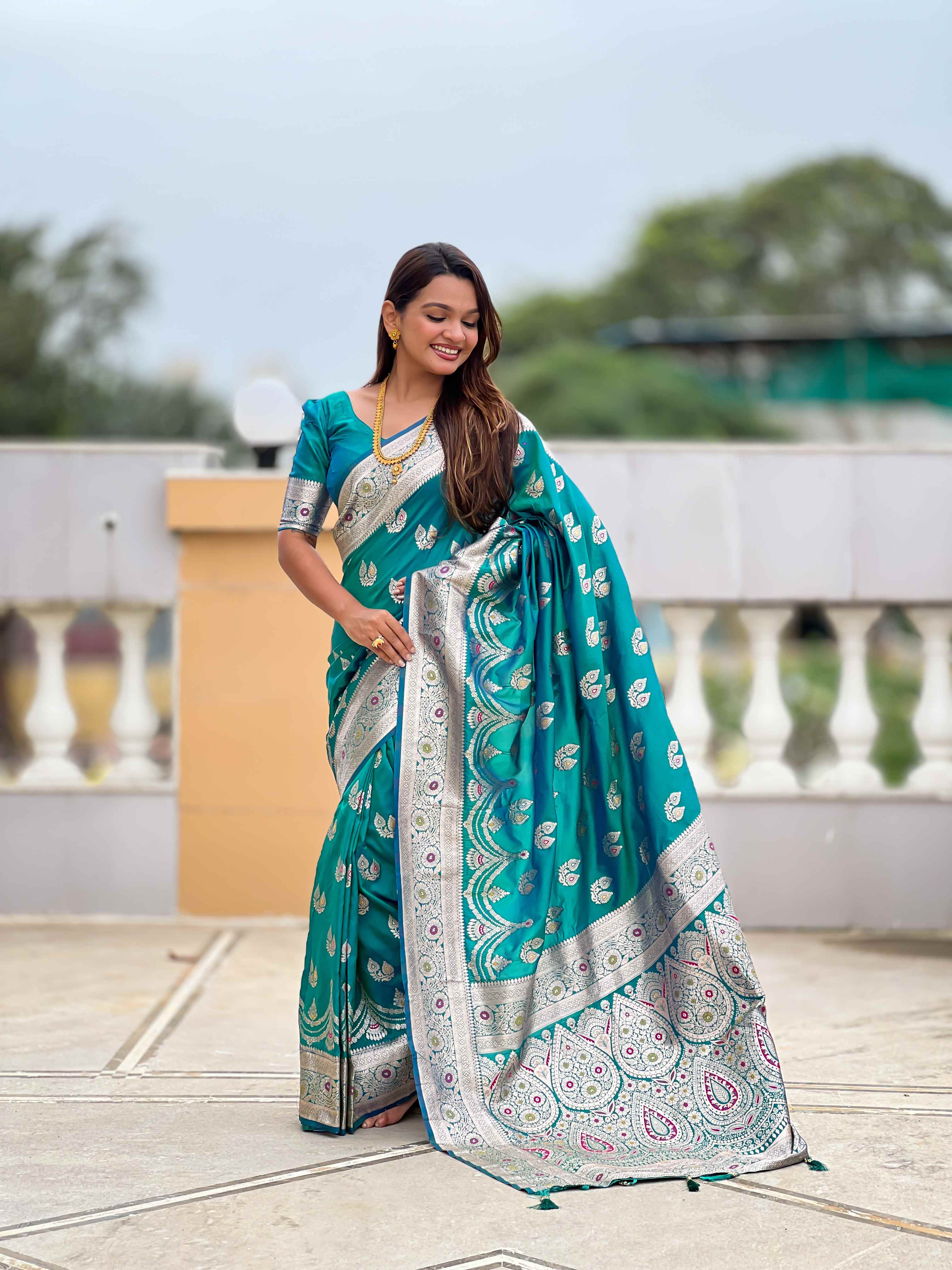 Sky Blue Soft Banarasi Silk Saree with Meenakari Zari Work & Rich Pallu Design