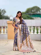 Grey Soft Banarasi Silk Saree with Meenakari Zari Work & Rich Pallu Design