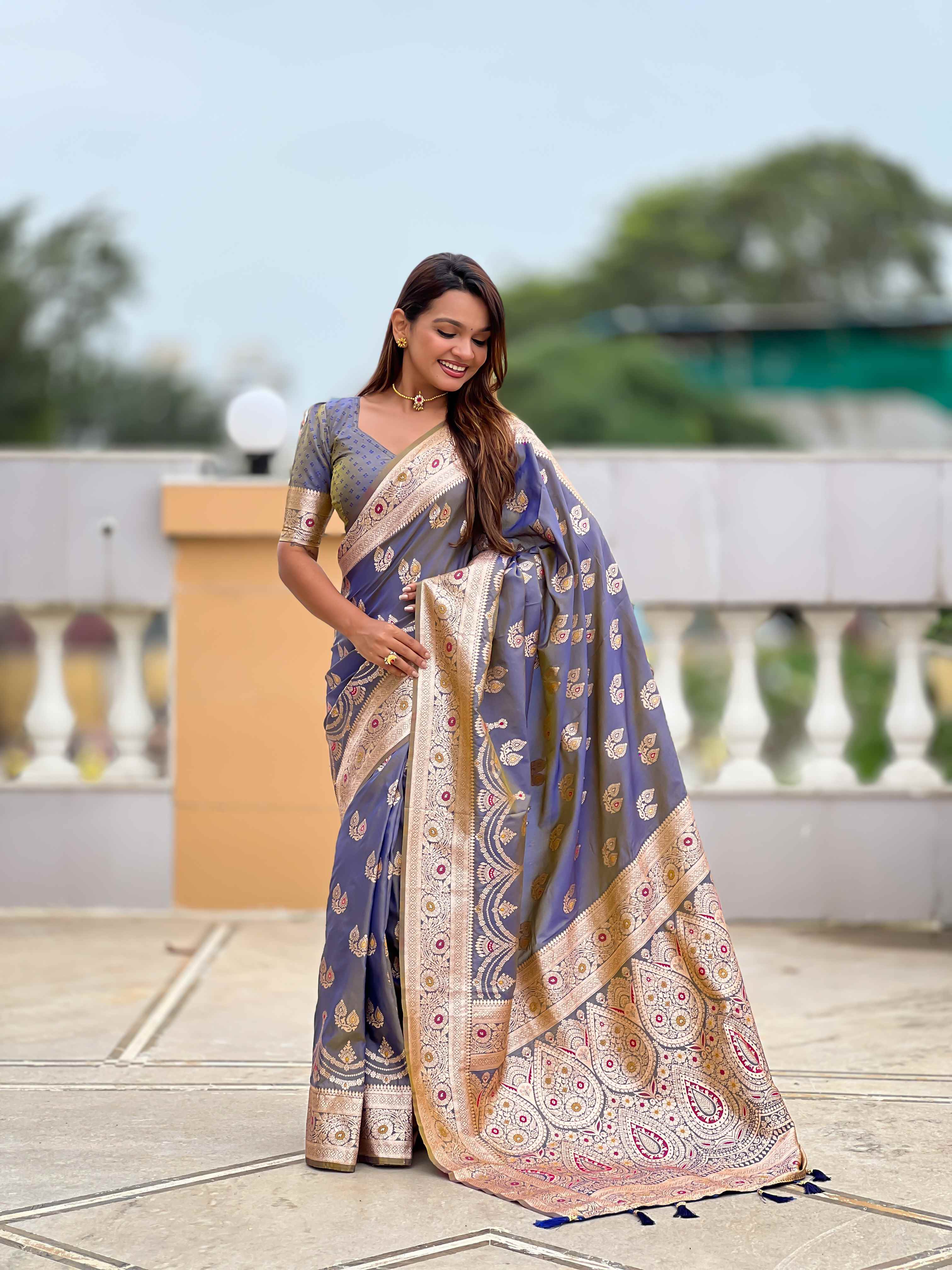 Grey Soft Banarasi Silk Saree with Meenakari Zari Work & Rich Pallu Design