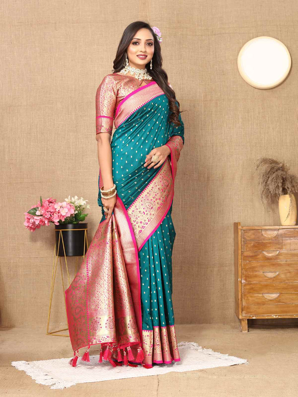 Rama Soft Silk Saree with All-Over Zari Motifs, Contrast Rich Pallu & Brocade Blouse
