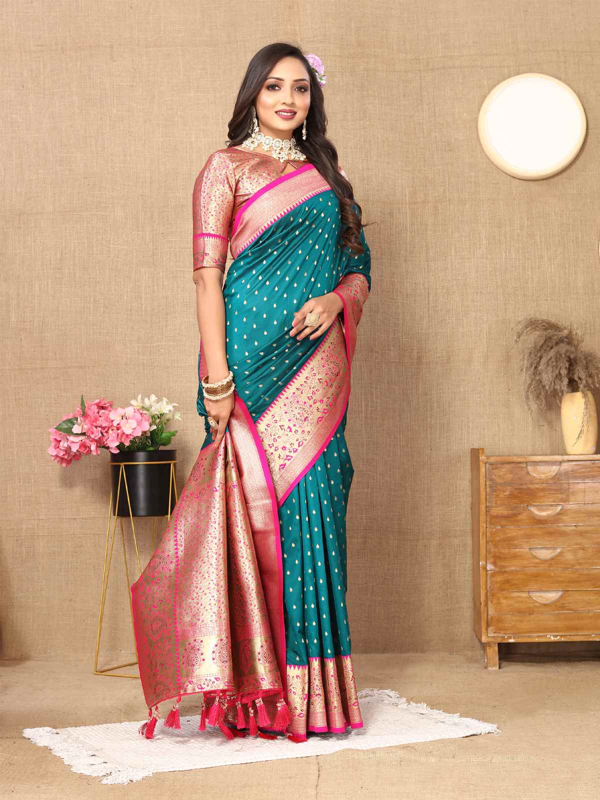 Rama Soft Silk Saree with All-Over Zari Motifs, Contrast Rich Pallu & Brocade Blouse