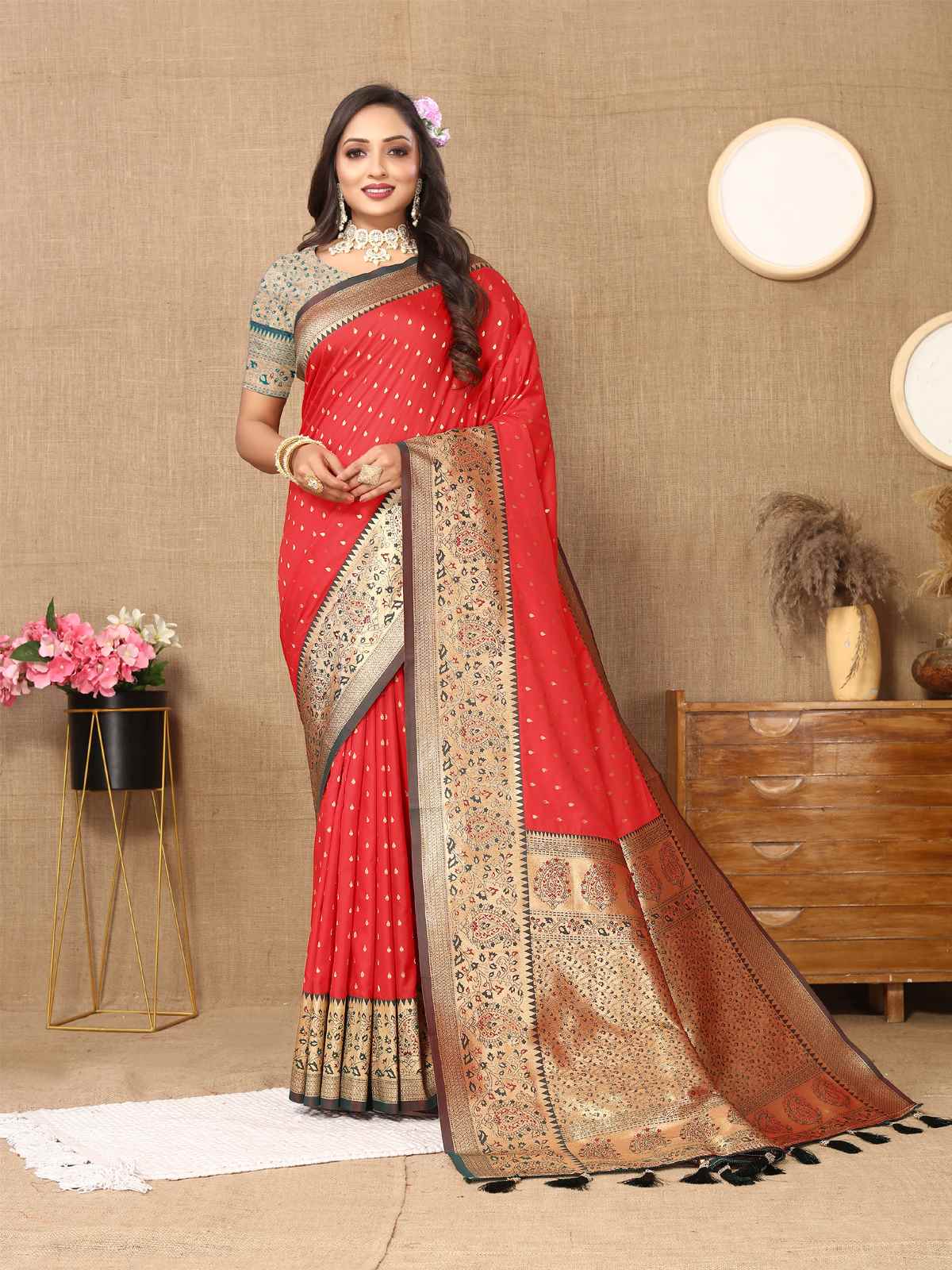 Red Soft Silk Saree with All-Over Zari Motifs, Contrast Rich Pallu & Brocade Blouse
