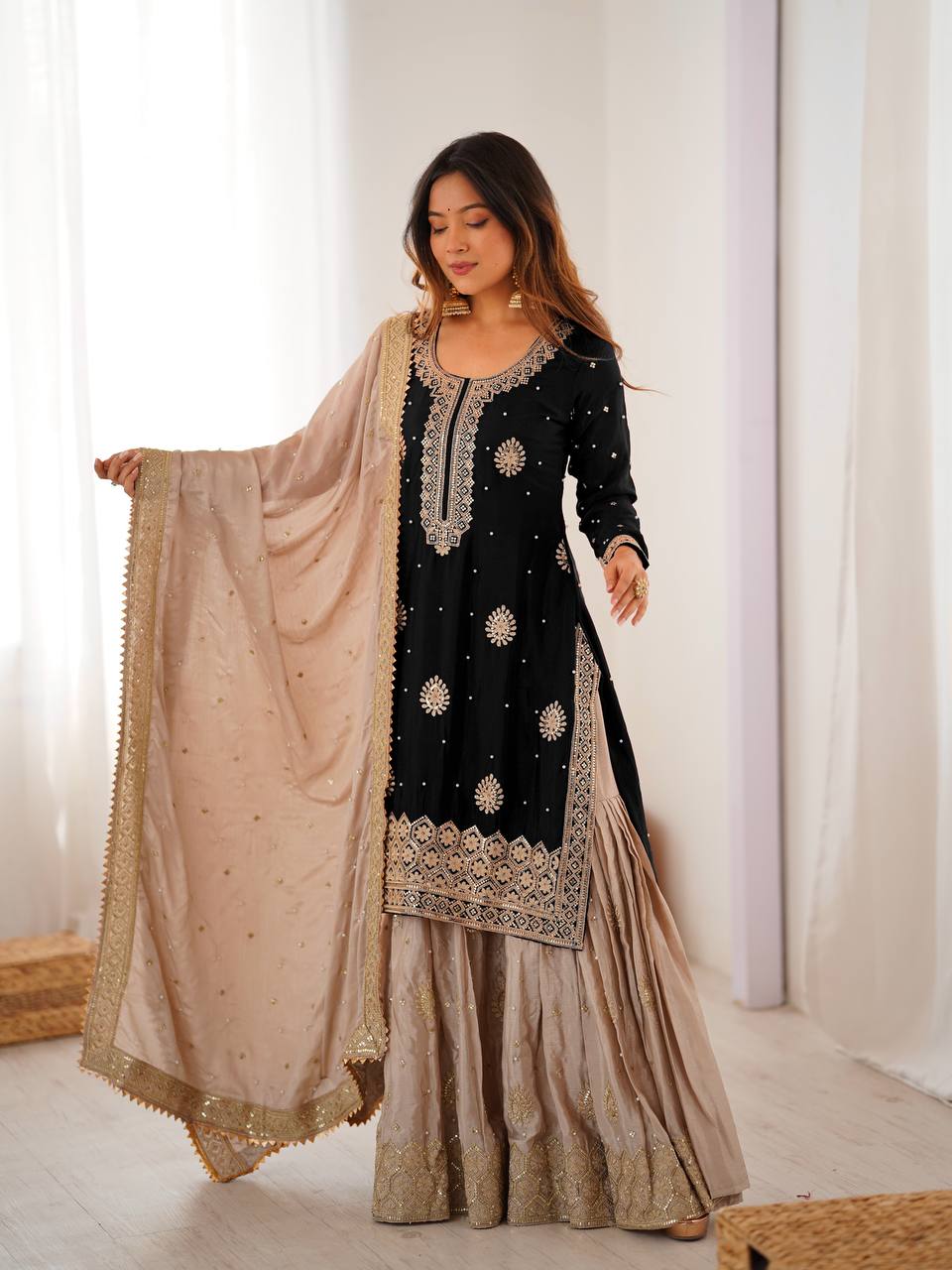Black Chinnon Silk Embroidered Kurta Set With Sharara & Dupatta