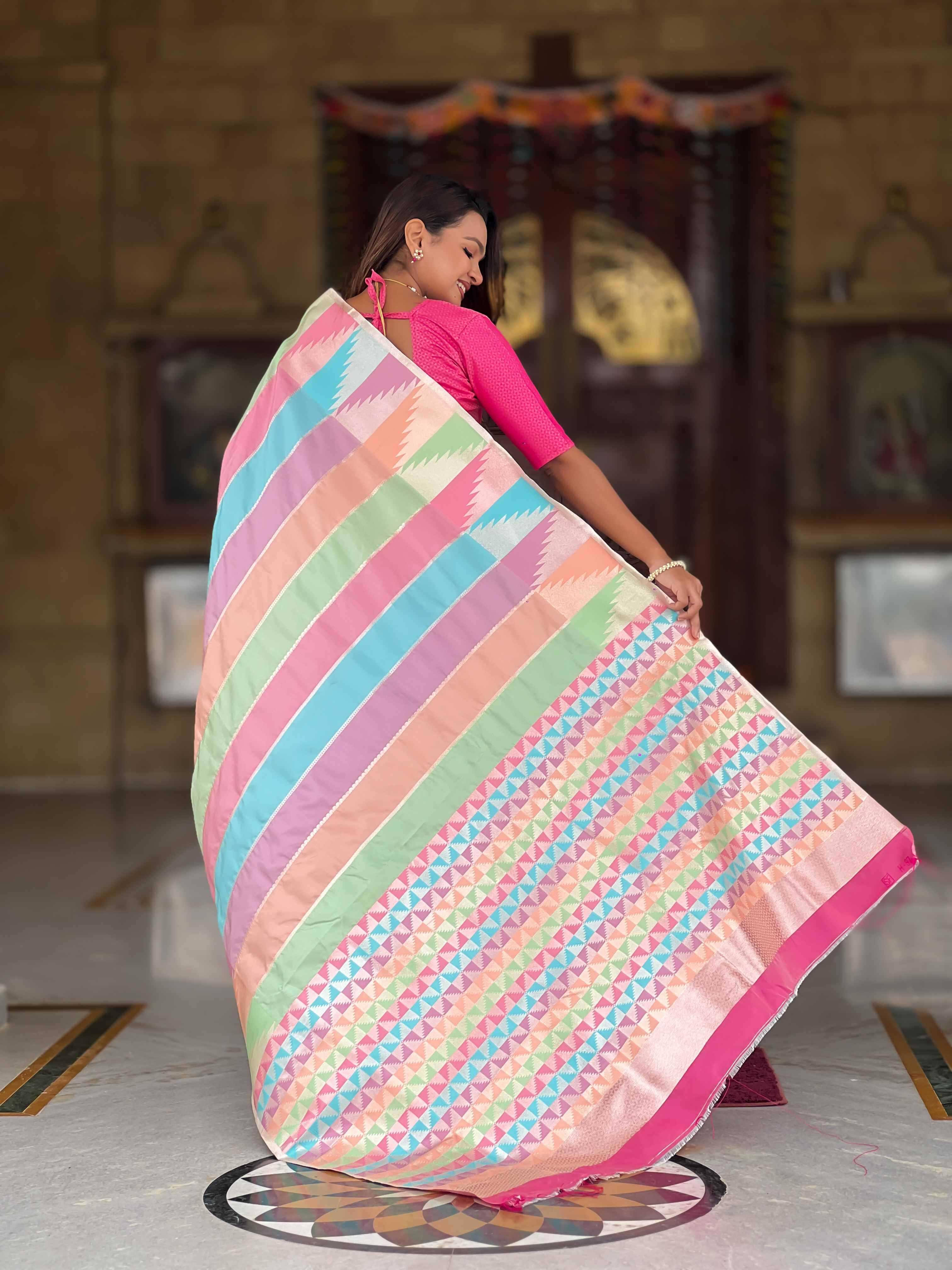 Multi Soft kanjivaram paithani silk saree with zari weaving Meenakari design all over the saree & Meenakari weawing Rich pallu with Meenakari weawing swan border & tessels attached at Pallu End. Blouse :- Soft silk weawing blouse piece