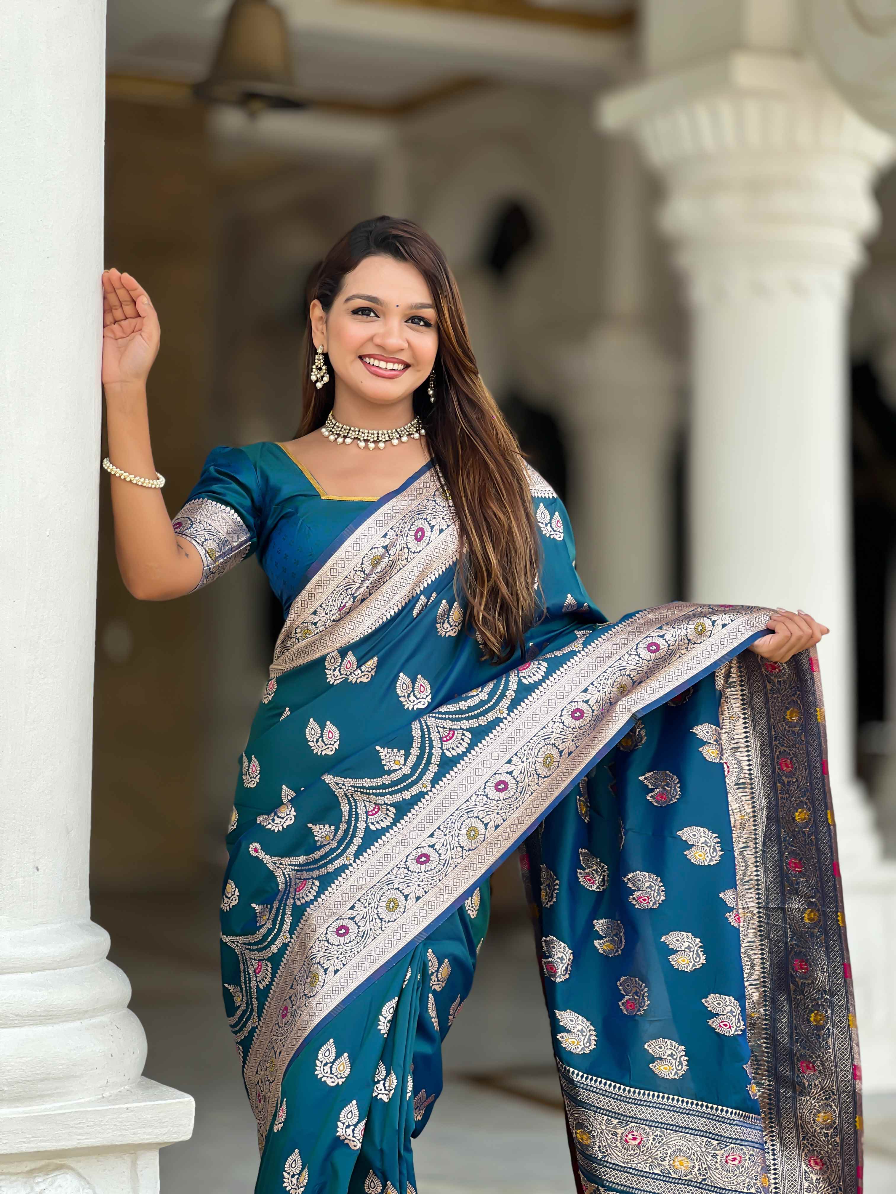 Blue Soft Banarasi Silk Saree with Meenakari Zari Work & Rich Pallu Design