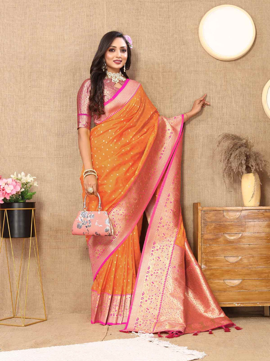Orange Soft Silk Saree with All-Over Zari Motifs, Contrast Rich Pallu & Brocade Blouse