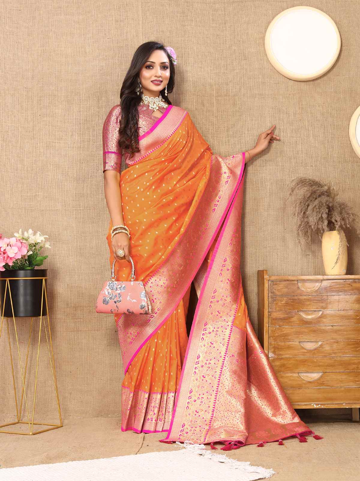 Orange Soft Silk Saree with All-Over Zari Motifs, Contrast Rich Pallu & Brocade Blouse