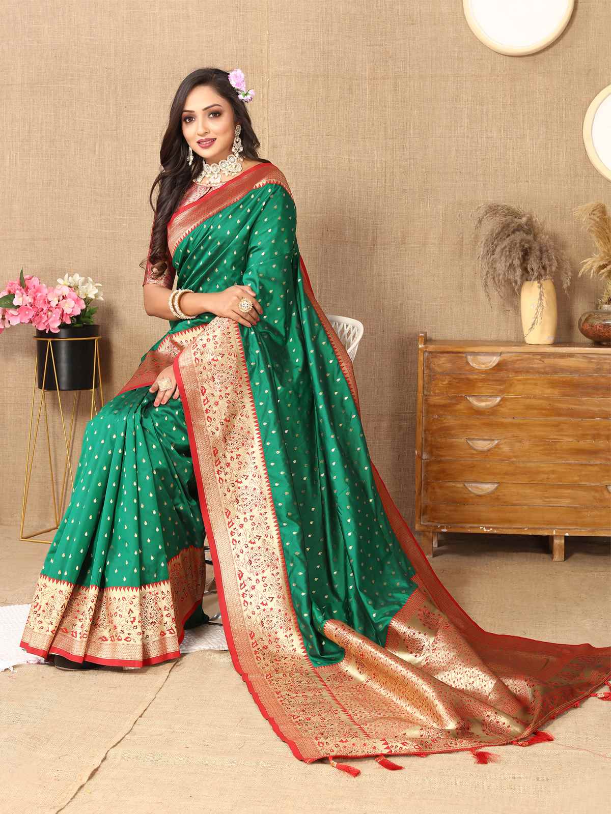 Green Soft Silk Saree with All-Over Zari Motifs, Contrast Rich Pallu & Brocade Blouse