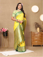Lemon Yellow Soft Silk Saree with All-Over Zari Motifs, Contrast Rich Pallu & Brocade Blouse