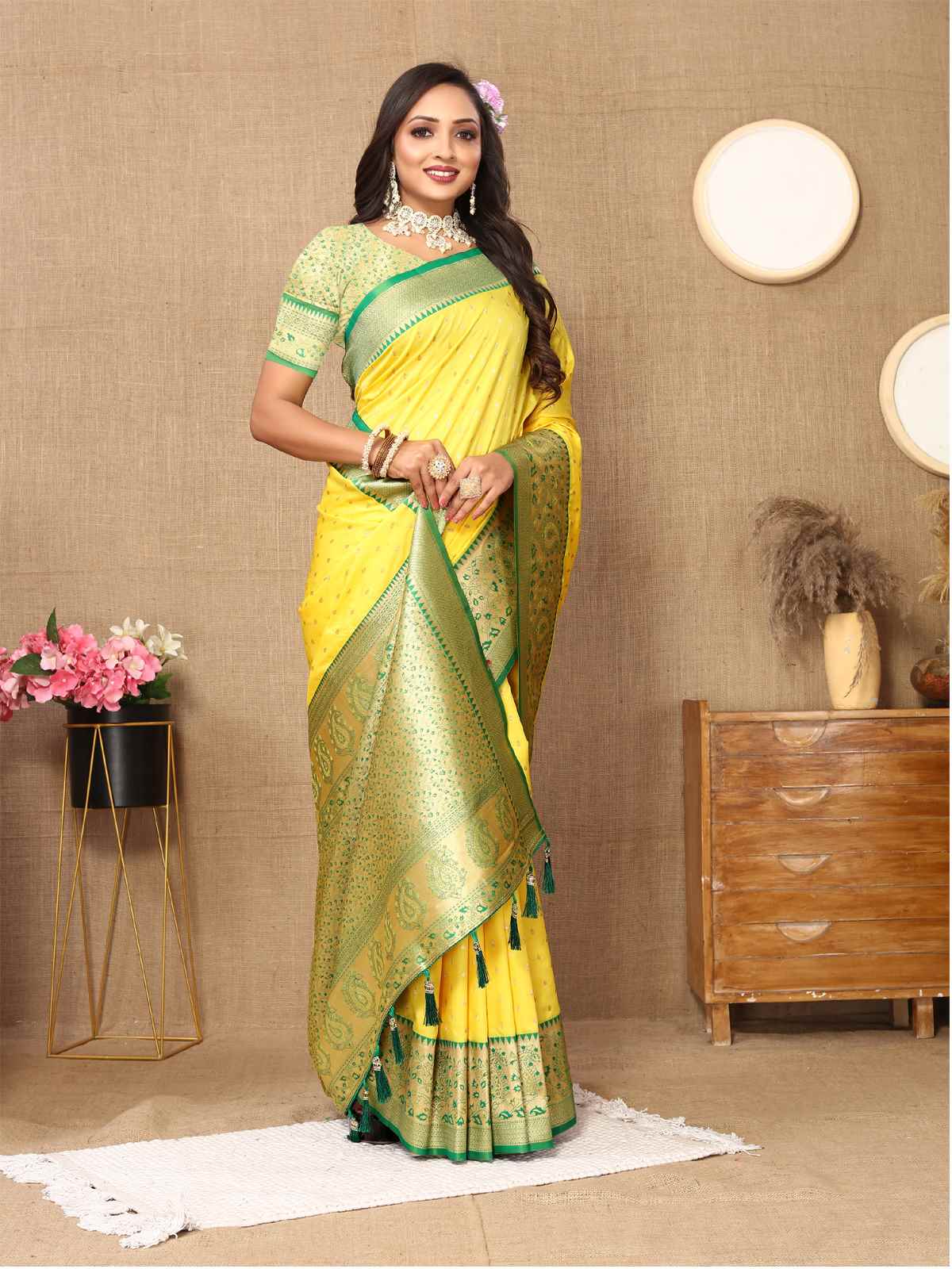 Lemon Yellow Soft Silk Saree with All-Over Zari Motifs, Contrast Rich Pallu & Brocade Blouse