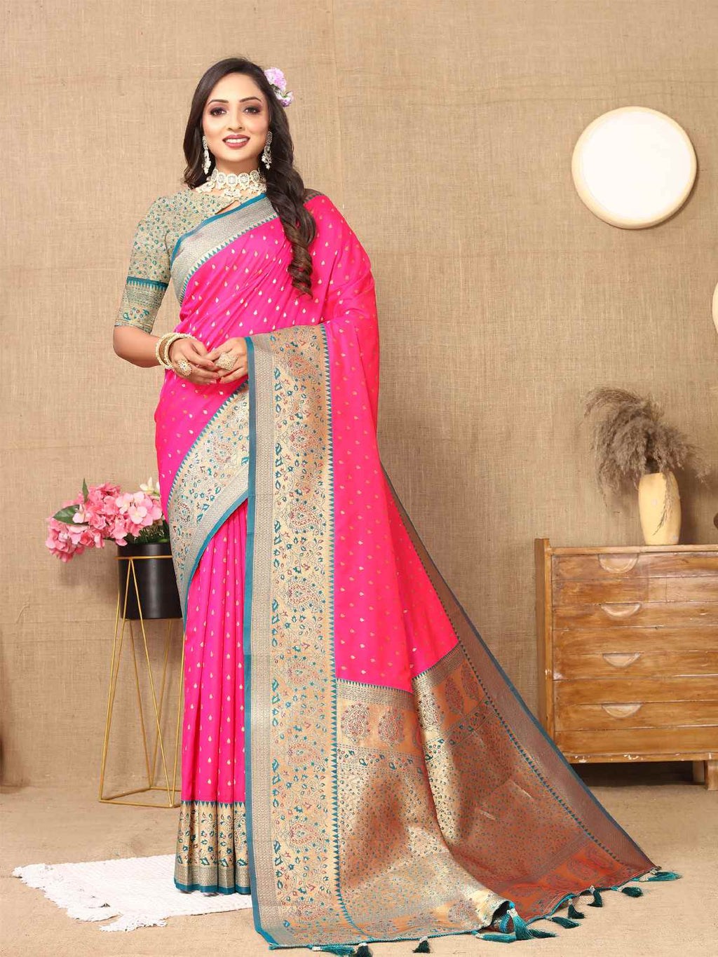Rani Pink Soft Silk Saree with All-Over Zari Motifs, Contrast Rich Pallu & Brocade Blouse