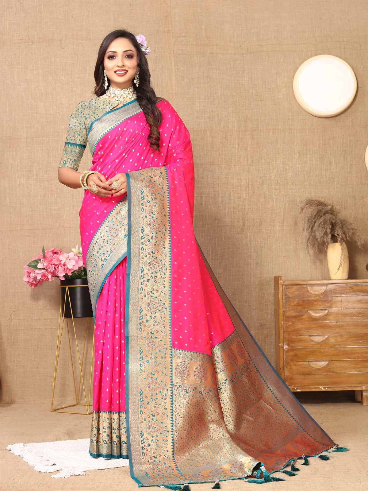 Rani Pink Soft Silk Saree with All-Over Zari Motifs, Contrast Rich Pallu & Brocade Blouse