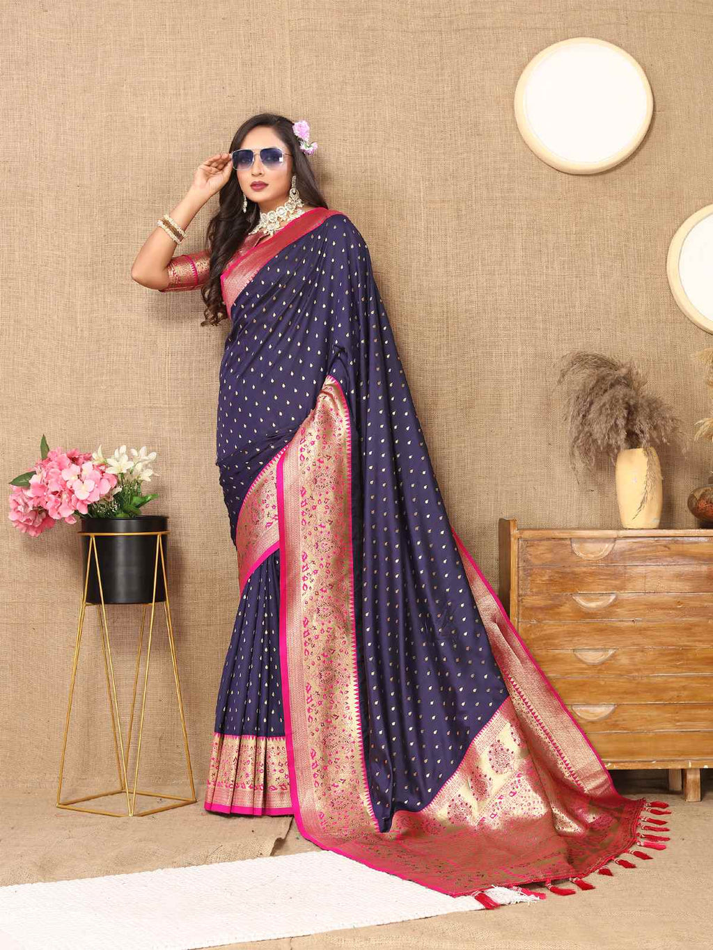 Navy Blue Soft Silk Saree with All-Over Zari Motifs, Contrast Rich Pallu & Brocade Blouse
