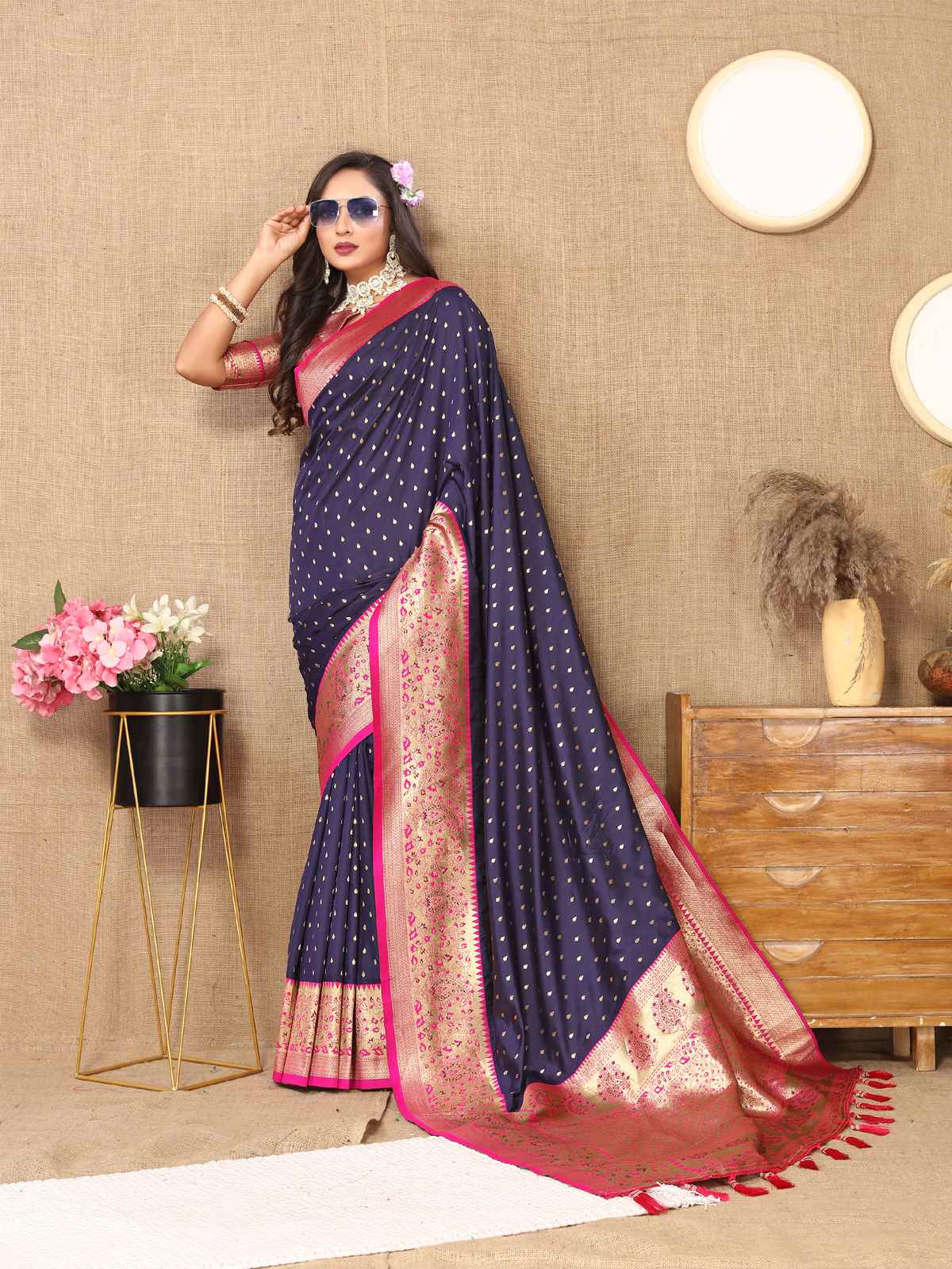 Navy Blue Soft Silk Saree with All-Over Zari Motifs, Contrast Rich Pallu & Brocade Blouse