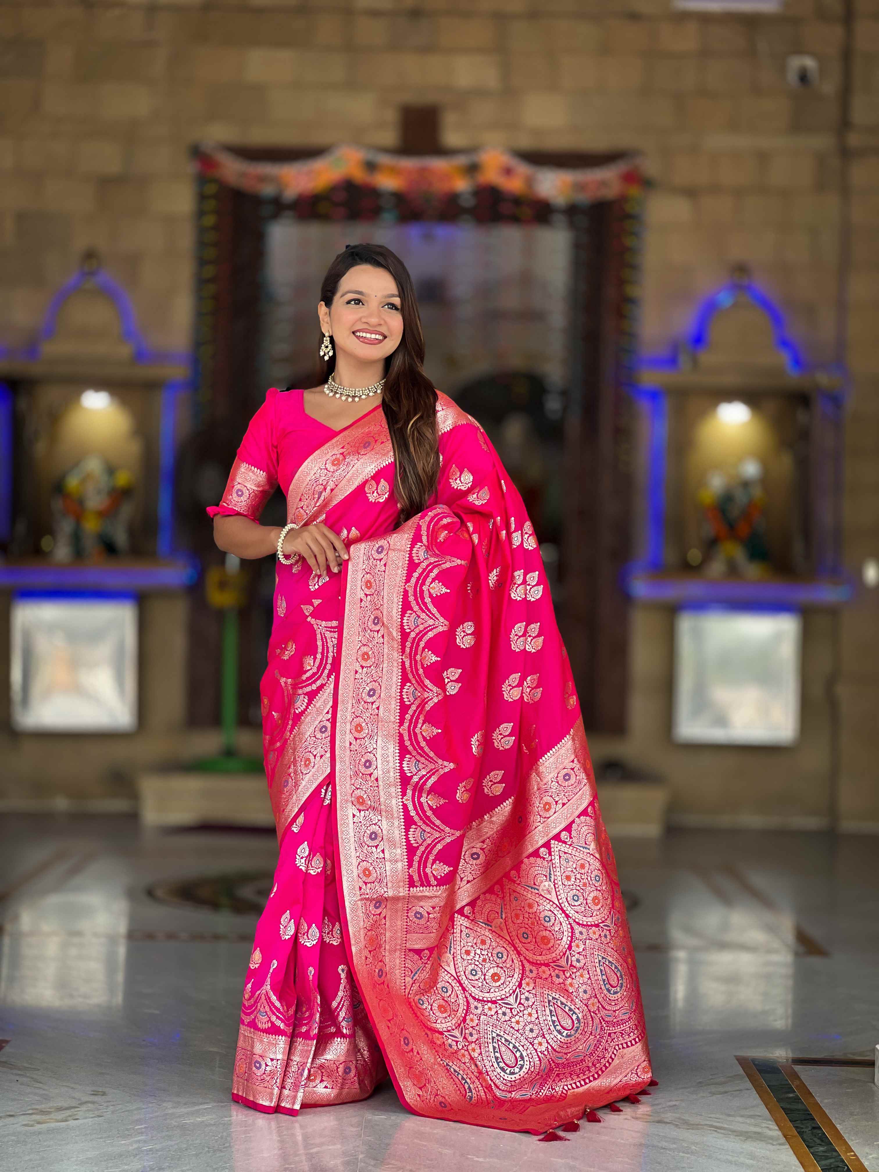 Pink Soft Banarasi Silk Saree with Meenakari Zari Work & Rich Pallu Design
