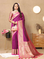 Wine Soft Silk Saree with All-Over Zari Motifs, Contrast Rich Pallu & Brocade Blouse