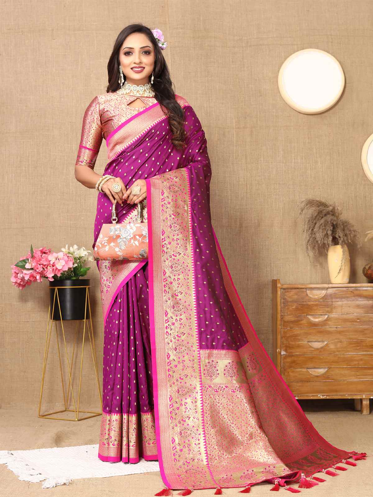 Wine Soft Silk Saree with All-Over Zari Motifs, Contrast Rich Pallu & Brocade Blouse