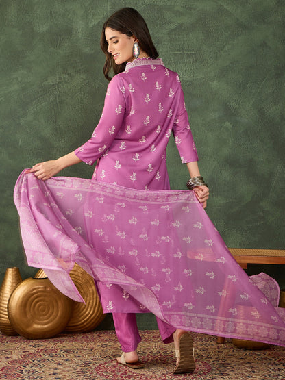 Mauve Printed Kurta Set with Dupatta
