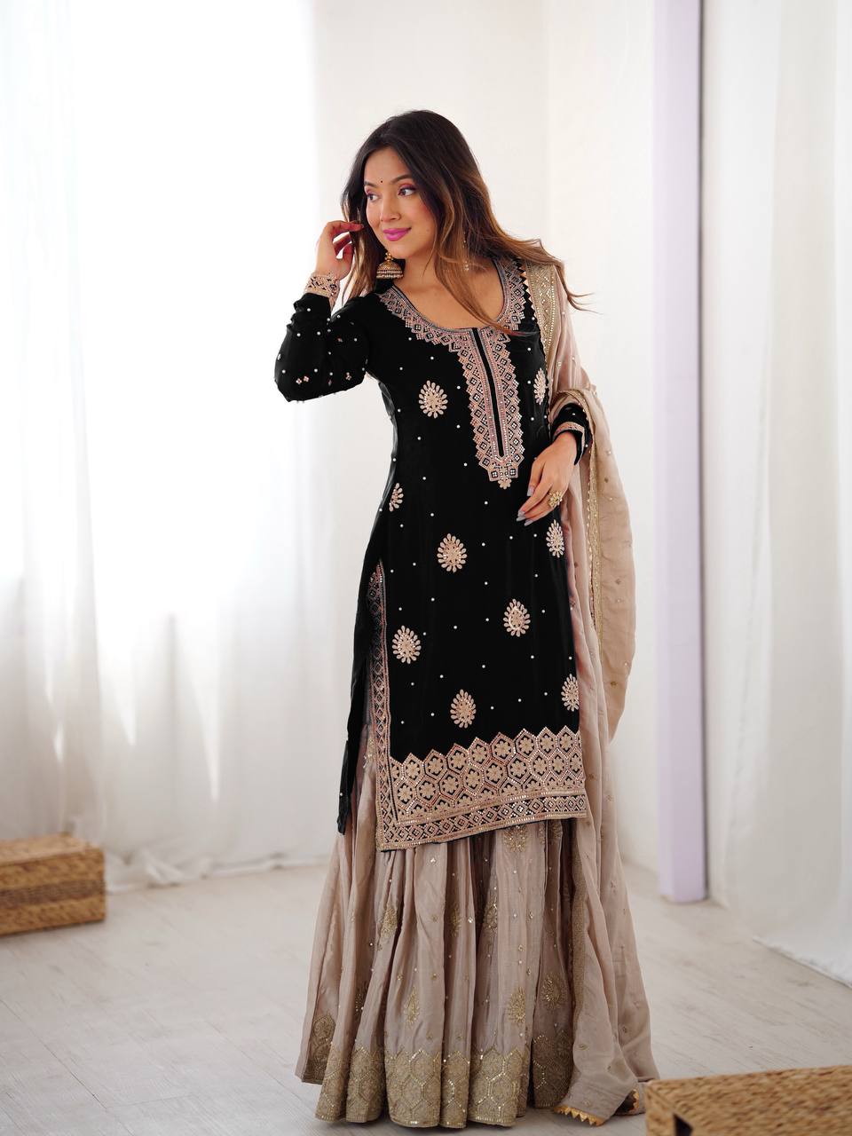 Black Chinnon Silk Embroidered Kurta Set With Sharara & Dupatta
