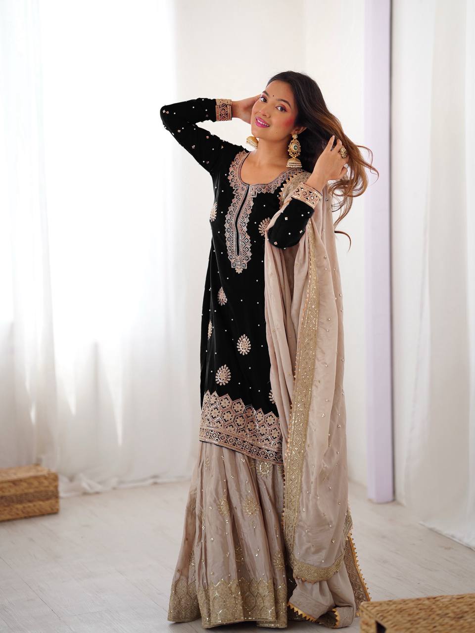 Black Chinnon Silk Embroidered Kurta Set With Sharara & Dupatta