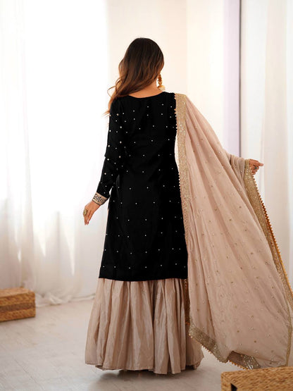 Black Chinnon Silk Embroidered Kurta Set With Sharara & Dupatta