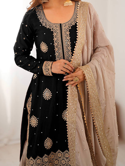Black Chinnon Silk Embroidered Kurta Set With Sharara & Dupatta