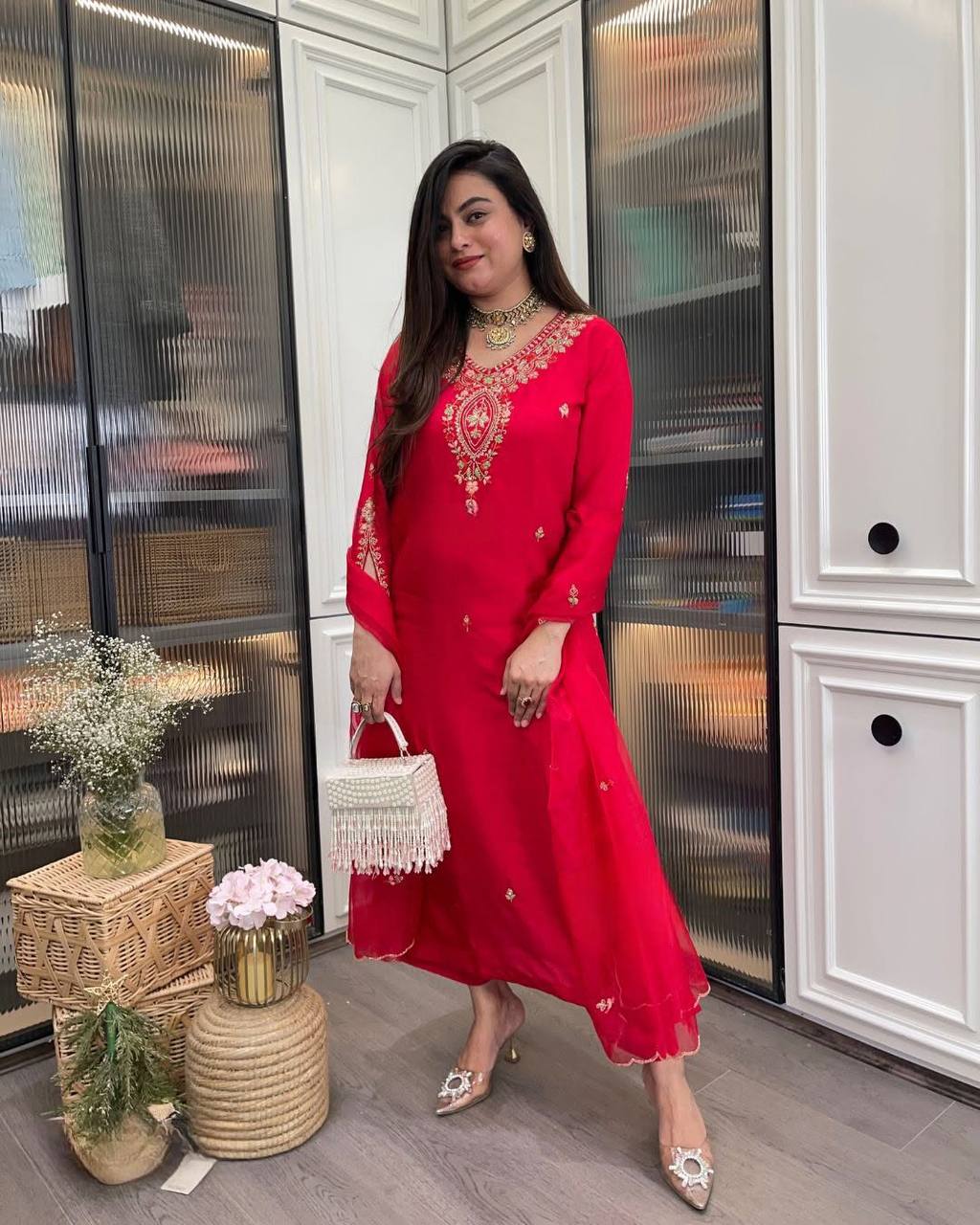 Women’s Red Designer Rayon Kurta Set with Embroidery & Sheer Organza Dupatta