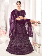 Wine Party-Style Net Lehenga Choli with Zari & Embroidery Work – Stylish Ethnic Wear for Women