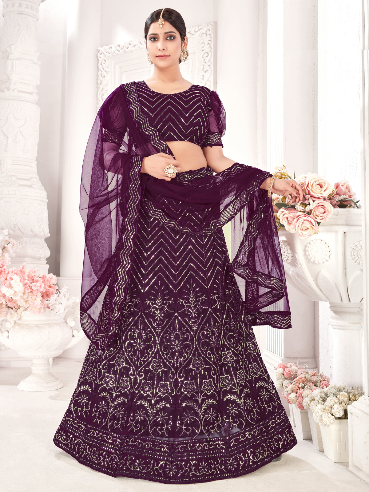 Wine Party-Style Net Lehenga Choli with Zari & Embroidery Work – Stylish Ethnic Wear for Women