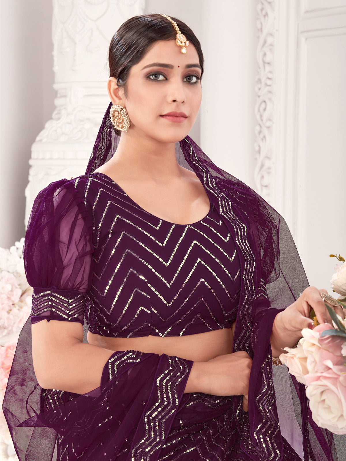 Wine Party-Style Net Lehenga Choli with Zari & Embroidery Work – Stylish Ethnic Wear for Women