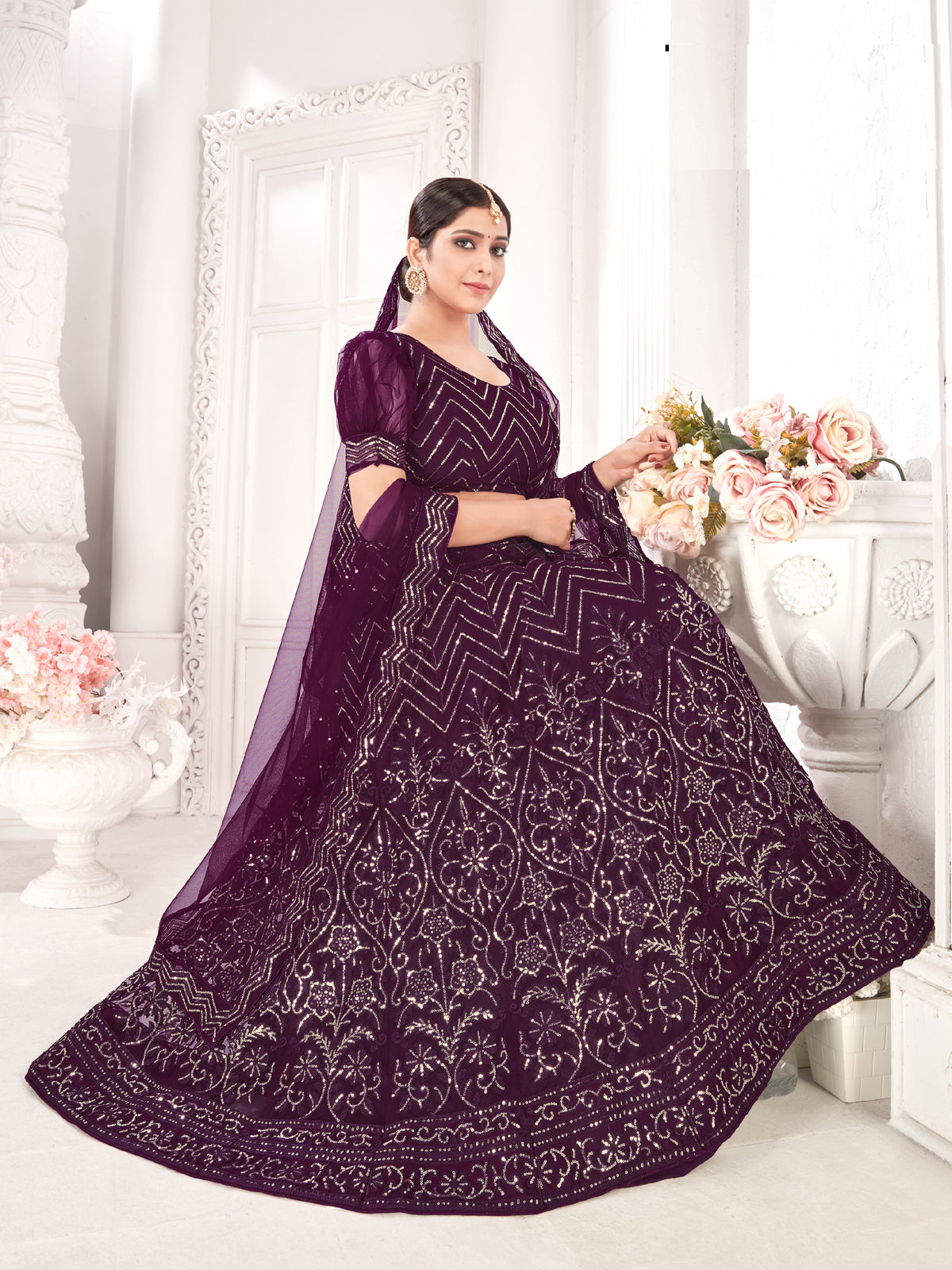 Wine Party-Style Net Lehenga Choli with Zari & Embroidery Work – Stylish Ethnic Wear for Women