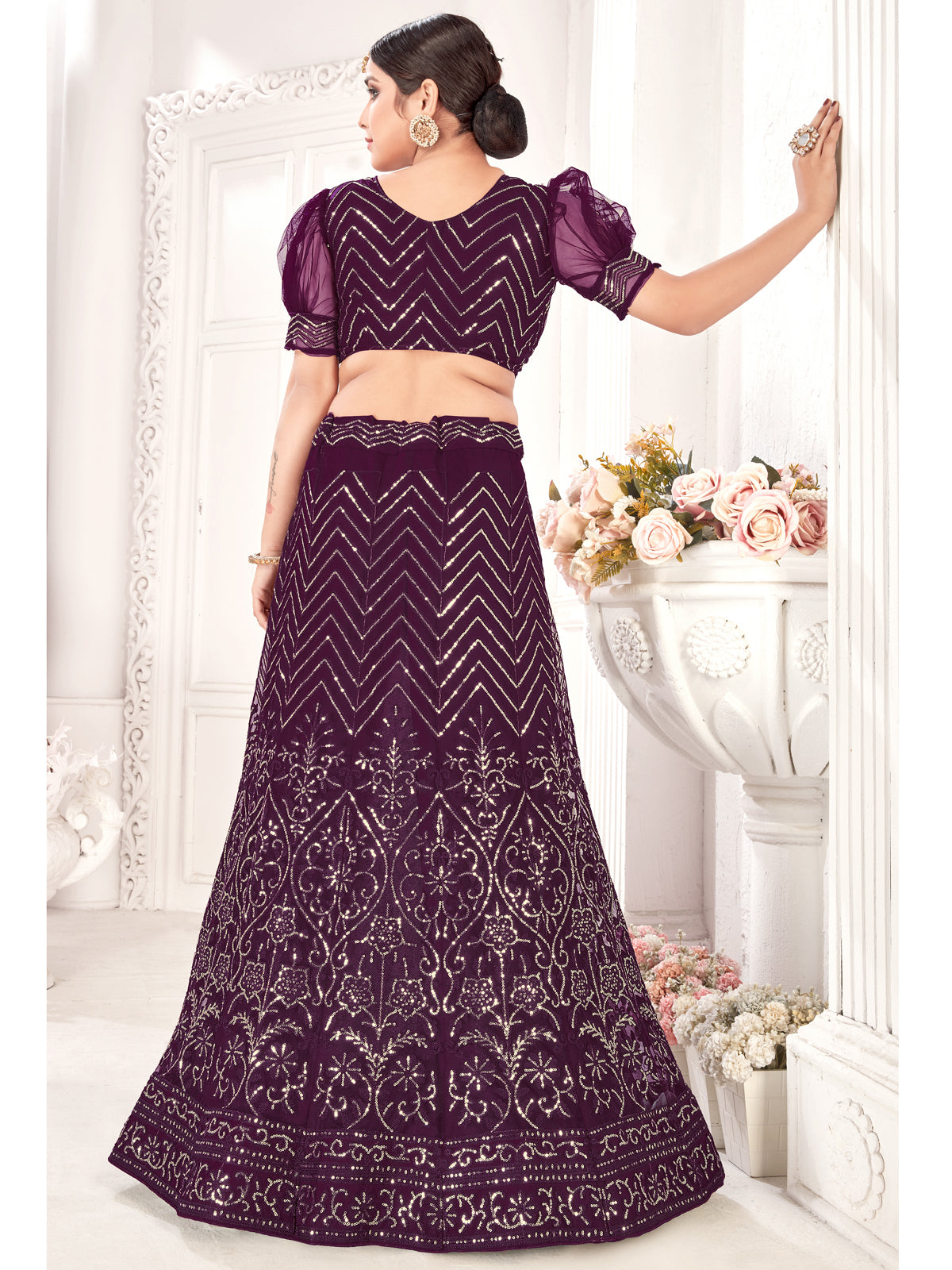 Wine Party-Style Net Lehenga Choli with Zari & Embroidery Work – Stylish Ethnic Wear for Women