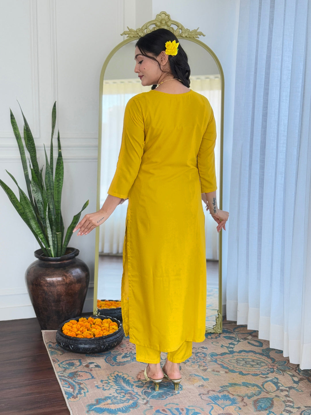 Elegant Yellow Embroidered Rayon Kurti Set with Dupatta – Sizes S to 2XL