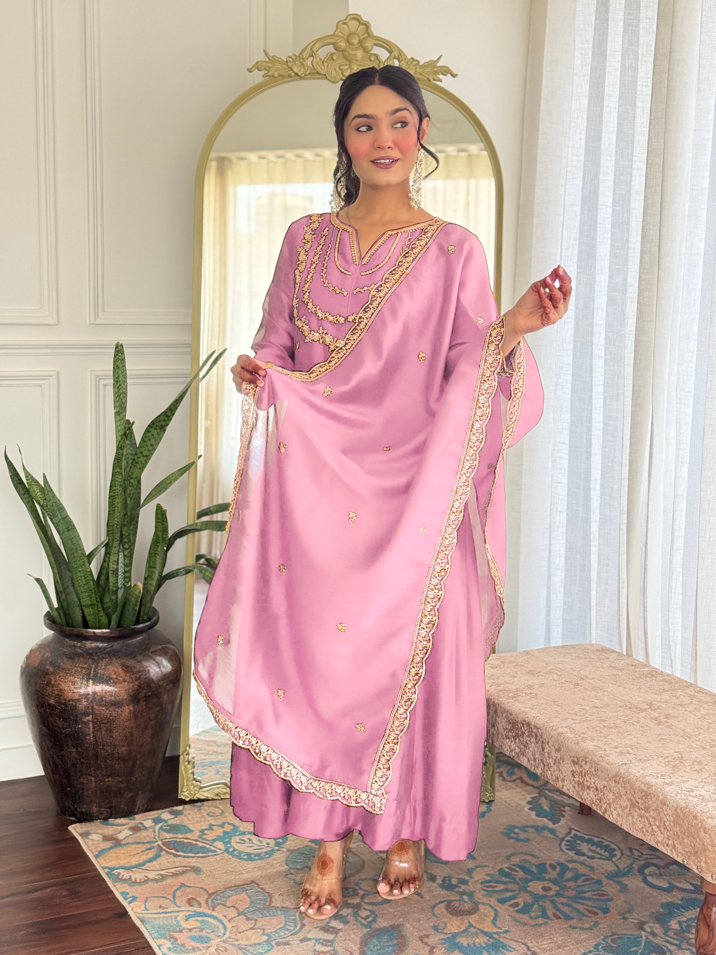 Women’s Pink Vichitra Silk Kurta Set with Sequin & Coding Embroidery Work
