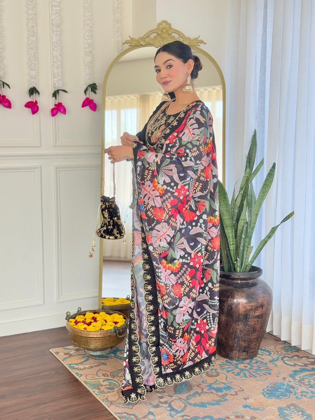 Women’s Black Pure Viscose Chanderi Kurta Set with Sequin & Coding Embroidery