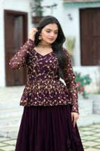 Elegant Faux Blooming Pleated Lehenga with Embroidered Peplum Blouse – Full Stitched Set (Adjustable Size 38"–44") | 5 Mtr Flair