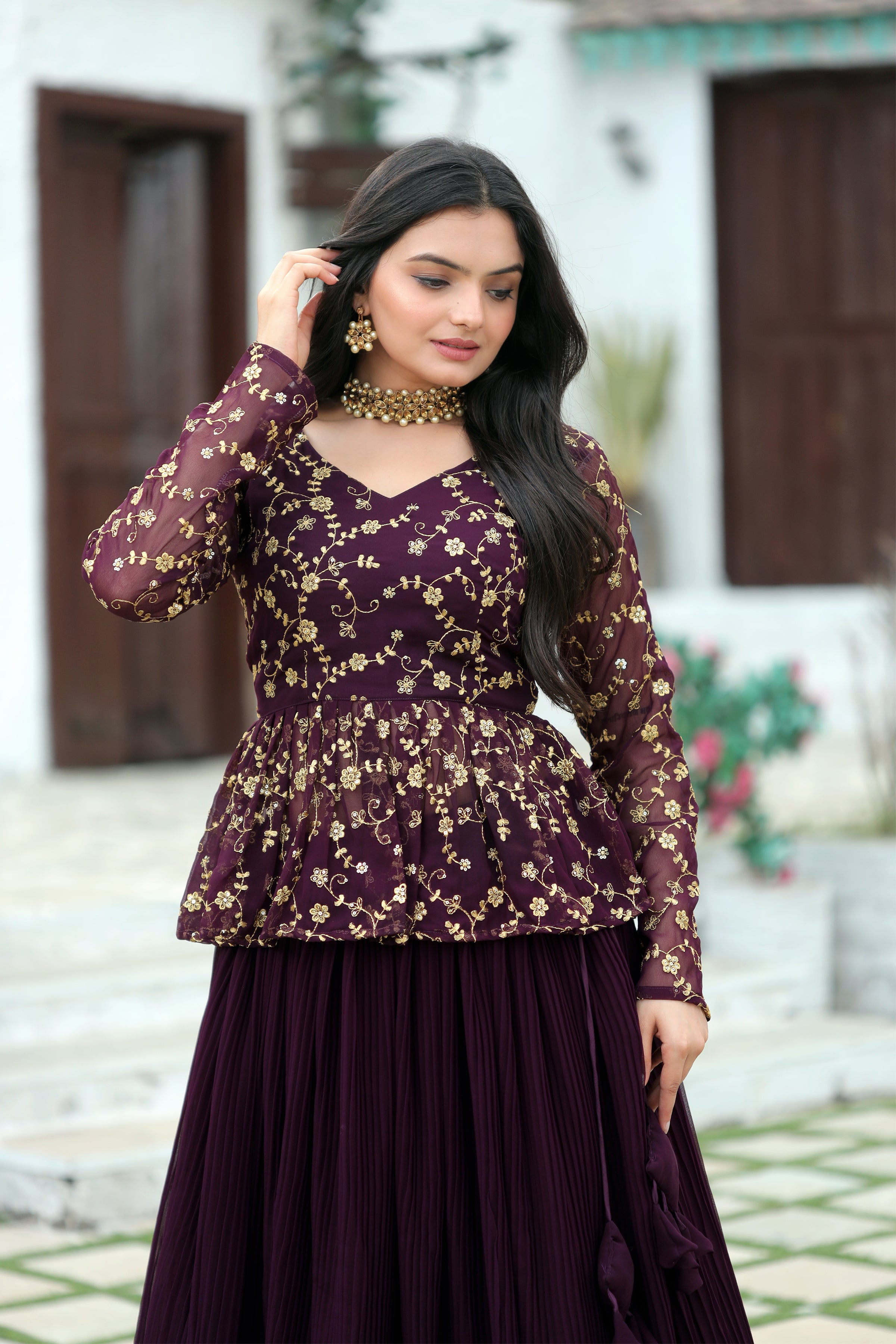 Elegant Faux Blooming Pleated Lehenga with Embroidered Peplum Blouse – Full Stitched Set (Adjustable Size 38"–44") | 5 Mtr Flair