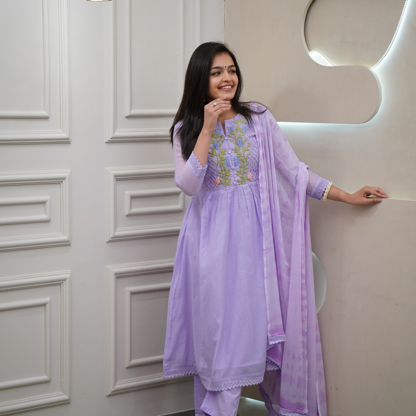 Women’s Lavender Festive Pure Georgette Suit with Detailed Embroidery Work