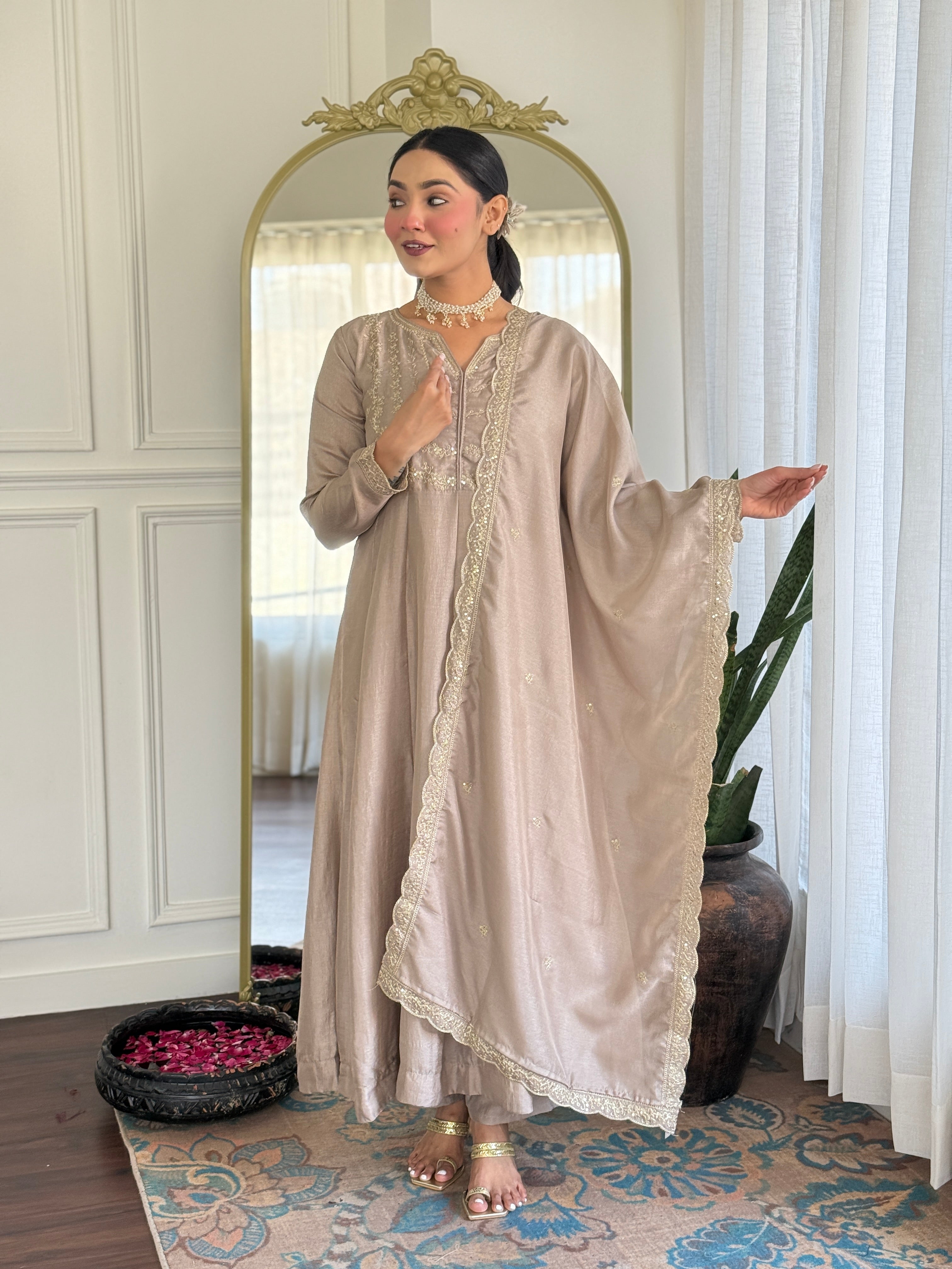 Women’s Cream Vichitra Silk Kurta Set with Sequin & Coding Embroidery Work