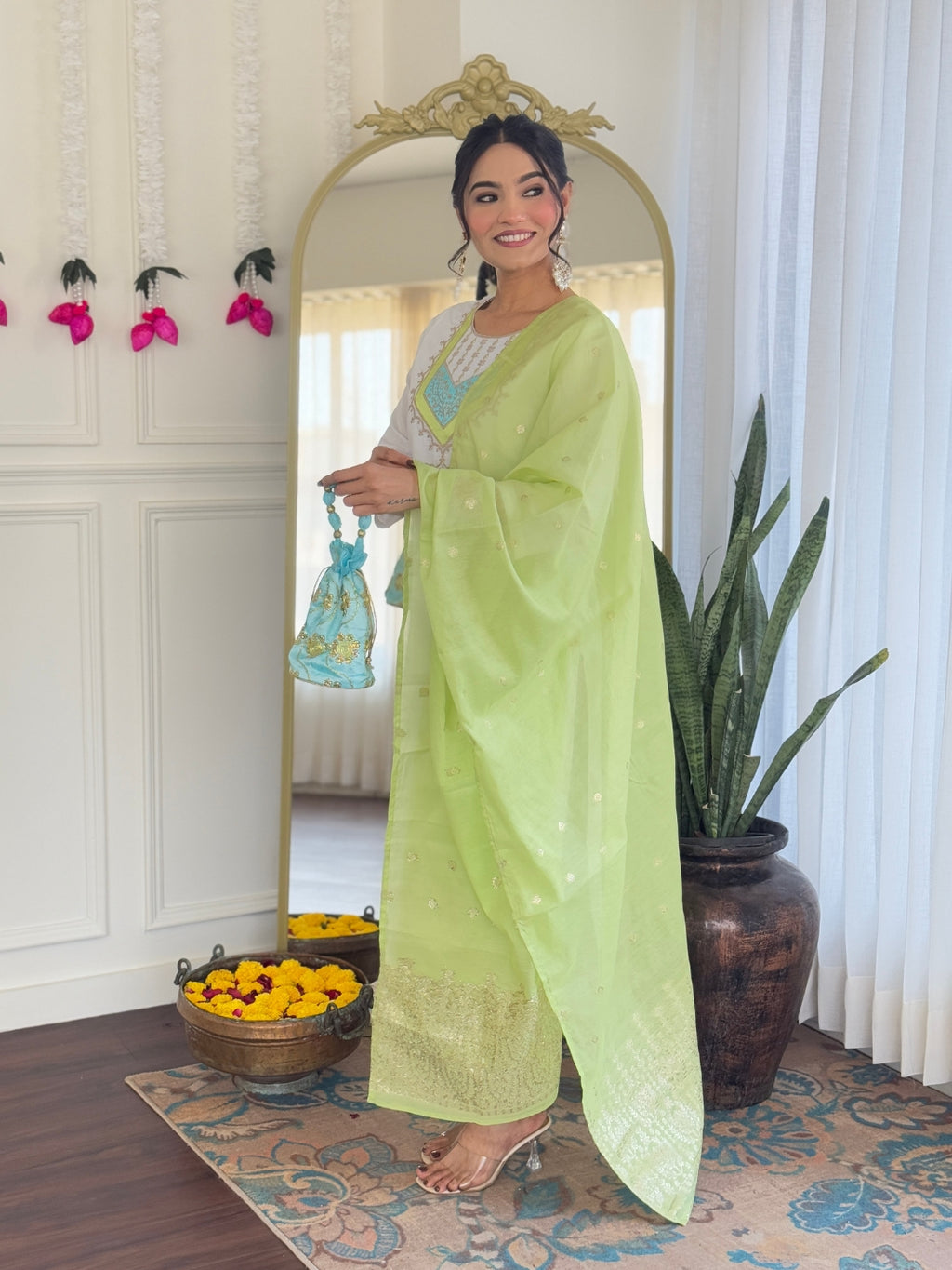 Women’s White Pure Viscose Chanderi Kurta Set with Sequin & Coding Embroidery