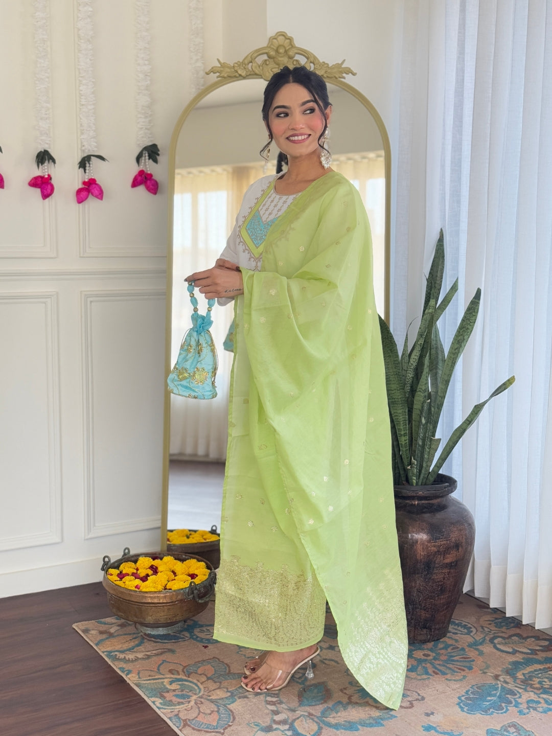 Women’s White Pure Viscose Chanderi Kurta Set with Sequin & Coding Embroidery