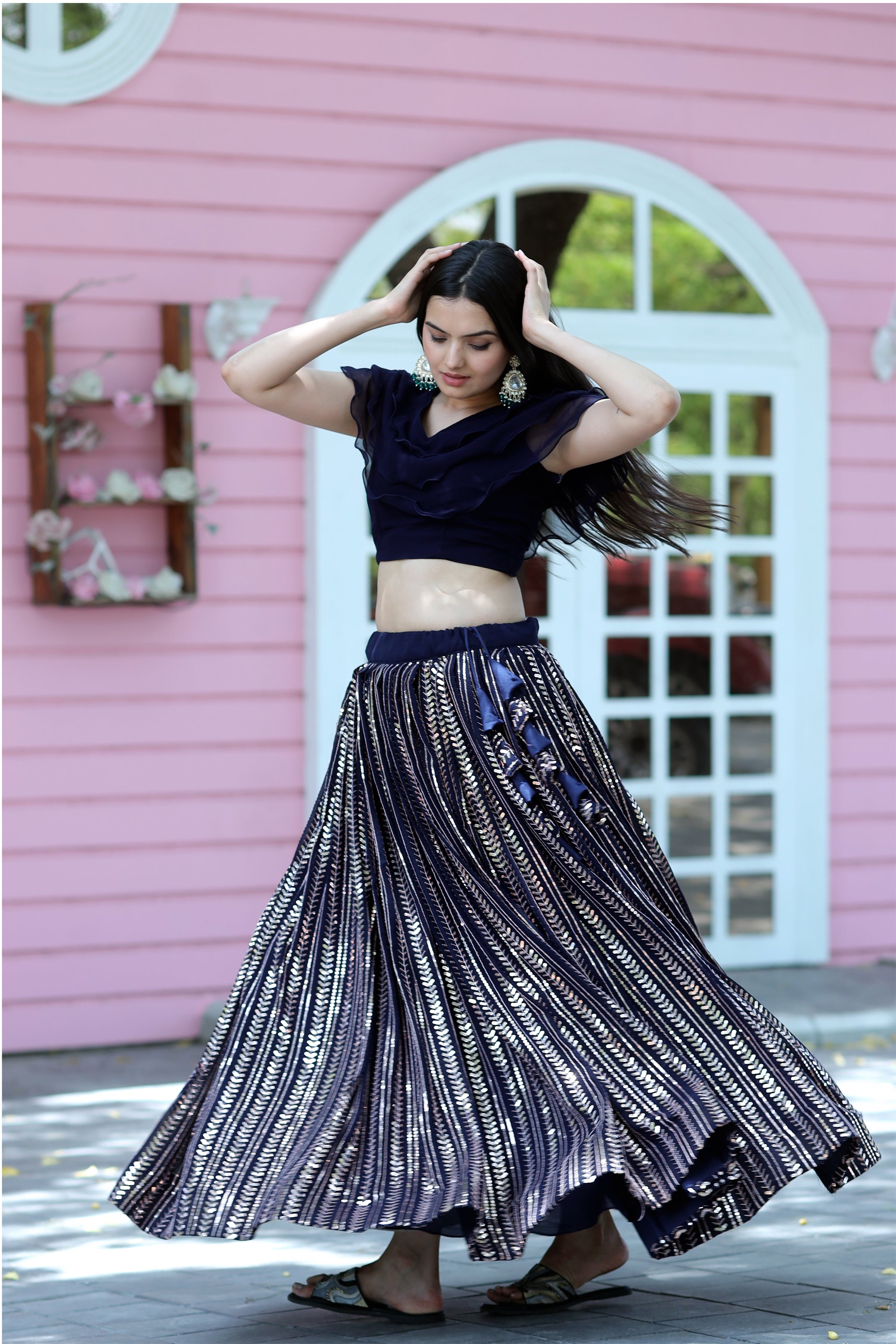Designer Faux Blooming Black Lehenga Choli with Sequins Work – Full Stitched | Frill Blouse | Size 40-44