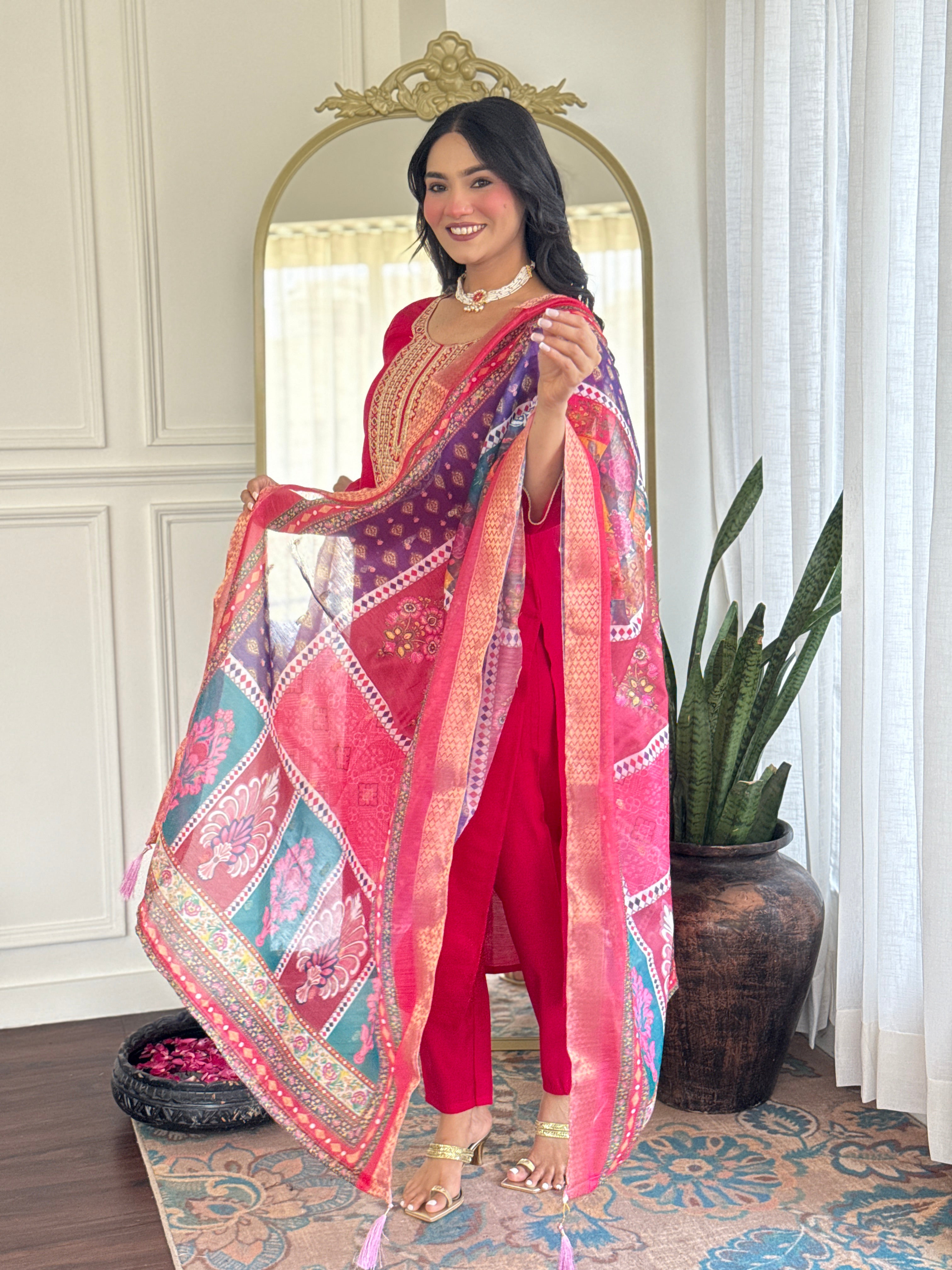 Women’s Rani Pink Festive Pure Viscose Chanderi Silk Set with Glamorous Sequin Embroidery