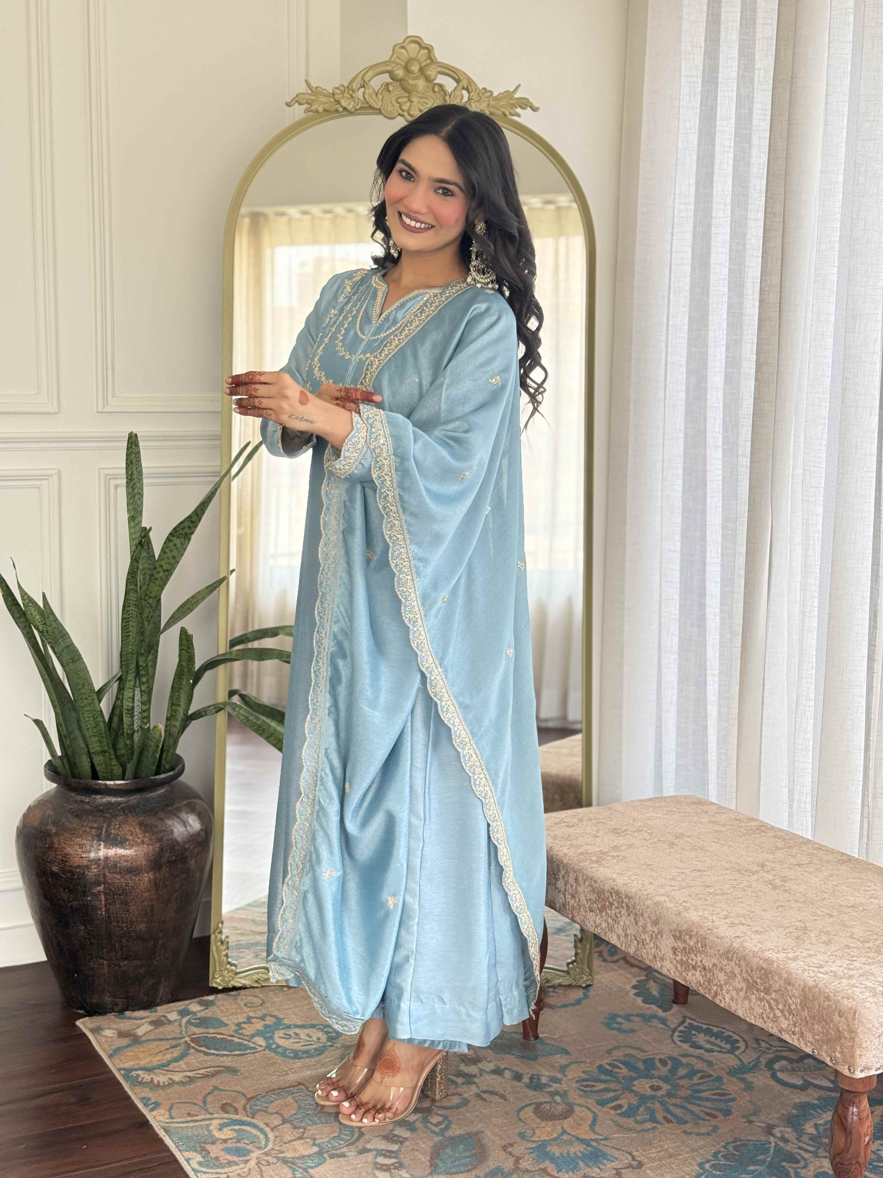 Women’s Sky Blue Vichitra Silk Kurta Set with Sequin & Coding Embroidery Work